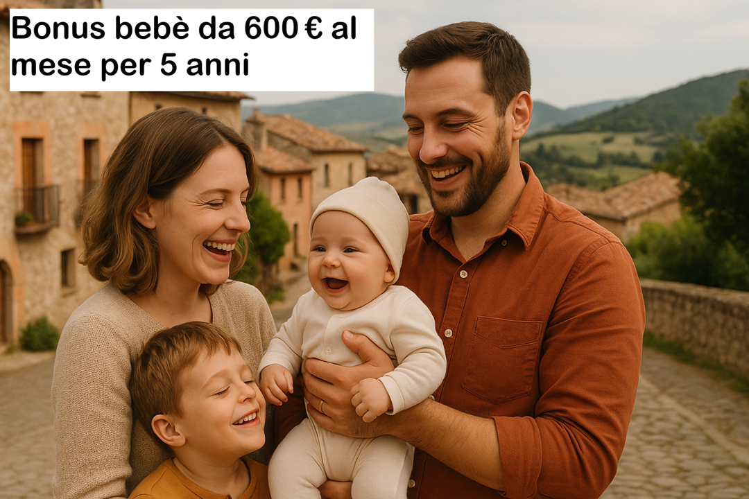 Famiglia felice con neonato in un borgo sardo, tra case in pietra e panorami rurali.